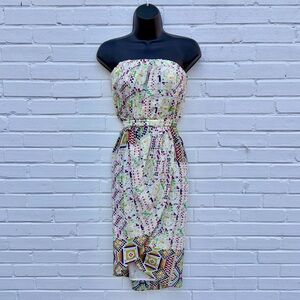 Charlie Jade Mosaic Print 100% Silk Strapless Side Tie Dress, SZ S NWT
